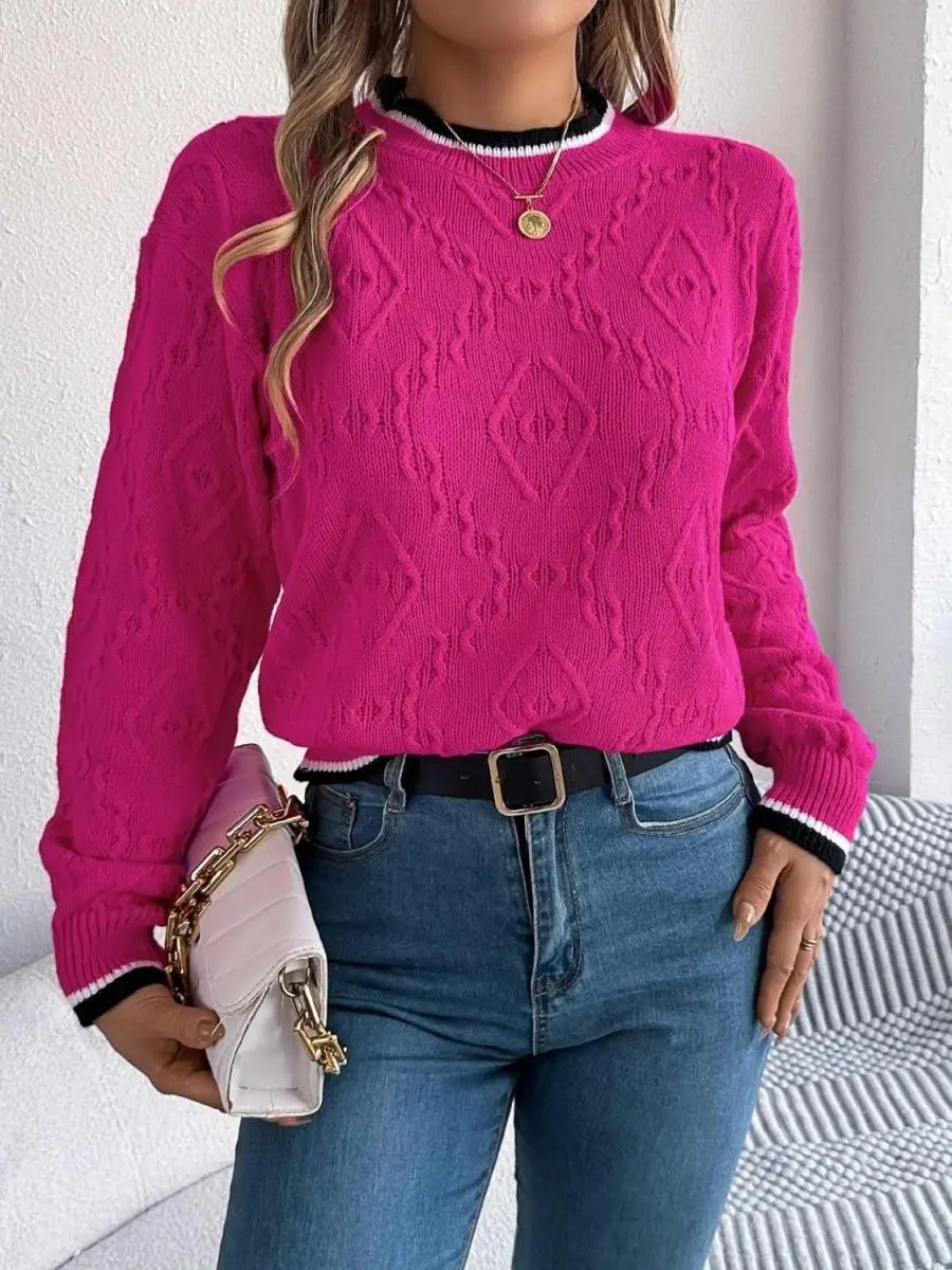 Contrast Trim Round Neck Long Sleeve Sweater - Love Salve